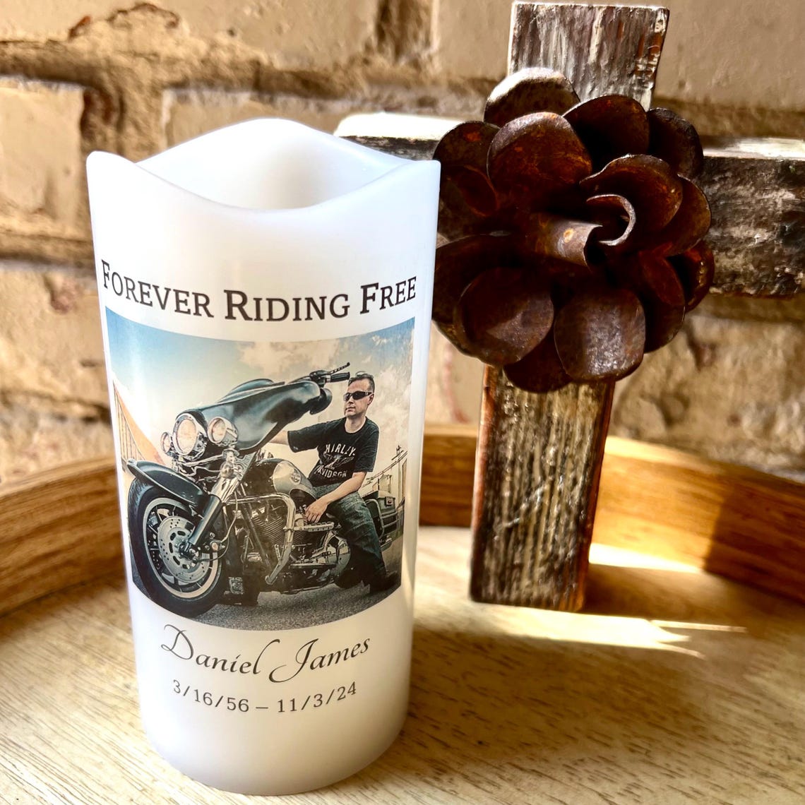 Forever Riding Free, Biker Memorial LED Candle Personalized with Name Dates Photo