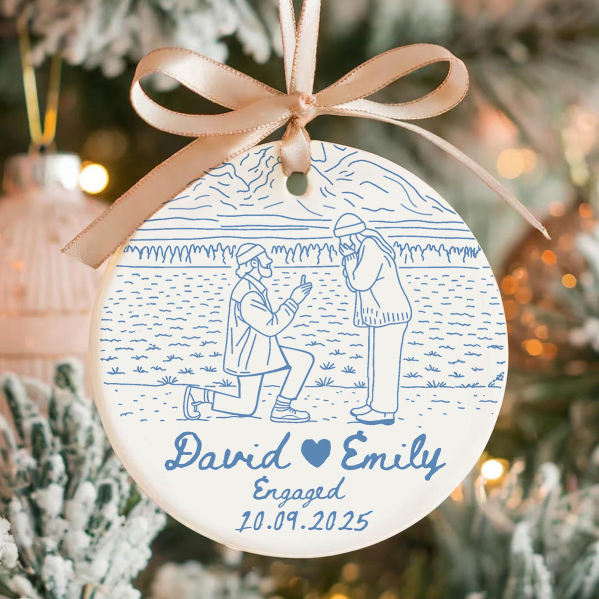 Personalized Engagement Ornament, Anniversary Gift, Custom Couple Portrait Ceramic Ornament, Line Drawing Photo Ornament, Engaged Gifts