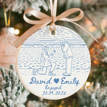 Personalized Engagement Ornament, Anniversary Gift, Custom Couple Portrait Ceramic Ornament, Line Drawing Photo Ornament, Engaged Gifts