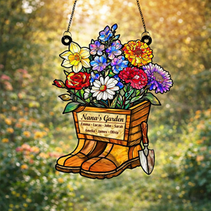 Grandma's Vintage Boots Birth Flower Suncatcher, Grandma's Garden, Mom Gift, Birth Month Flower Stained Glass Acrylic Window Hanging, Mothers Day Gift