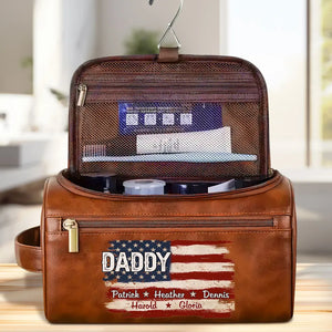 Proud To Be American Dad - Personalized Leather Toiletry Bag - Gift For Father, Gift For Grandpa, Father's Day Gift