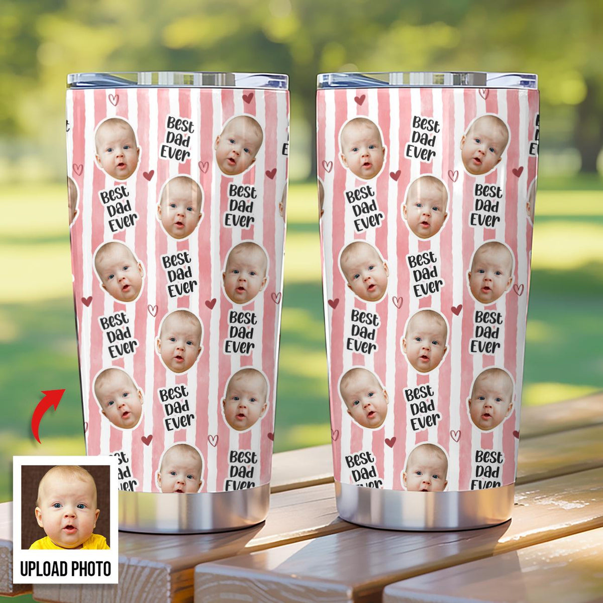 Custom Baby Face Tumbler, Personalized Best Dad Ever Stripes Travel Mug, Funny Repeat Photo Face Coffee Cup, First Fathers Day Gift From Wife