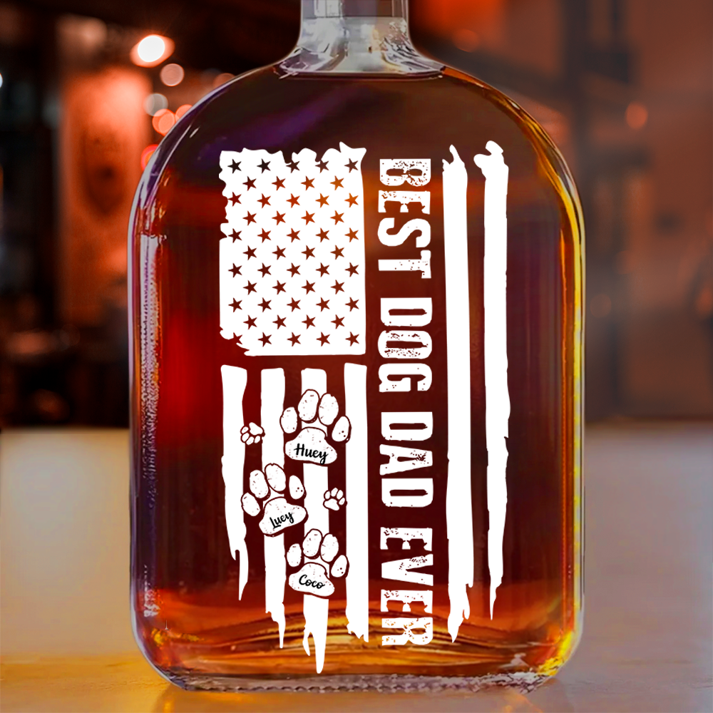 Best American Dog Dad Ever - Personalized Whiskey Bottle - Gift For Dog Lover, Dog Dad
