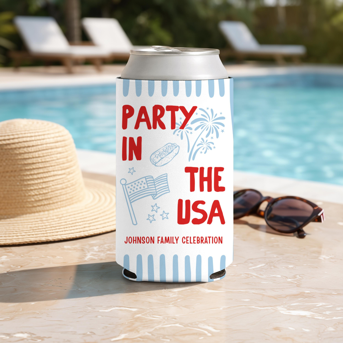 Custom Party in the USA Can Cozie, Personalized 4th of July Family BBQ Party Favor, Patriotic USA 250 Drink Sleeve