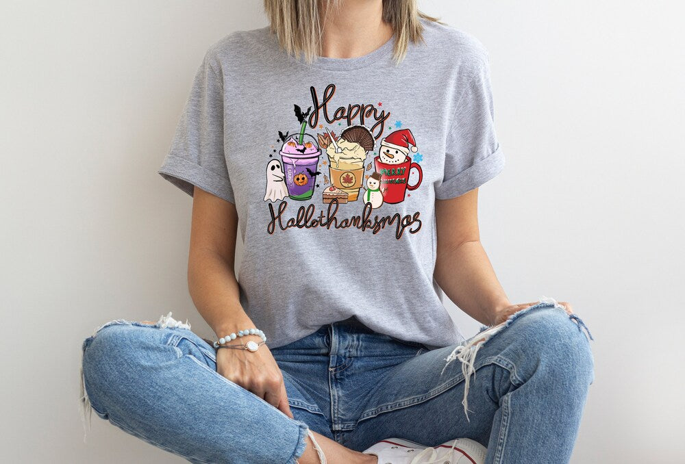 Happy Hallothanksmas Shirt, Hallothanksmas Coffee Tshirt, Halloween T Shirt, Thanksgiving T-shirt, Christmas Tee, Coffee Pumpkin Spice Iced 2.jpg