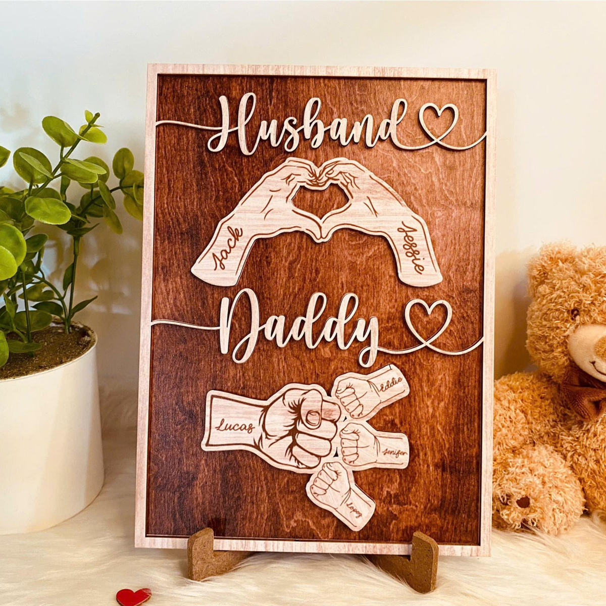 Personalized Dad Wooden Sign, Custom Kid's Name Wooden Sign, Fist Bump Husband Wood Sign, Father's Day 2025 Gift For Dad