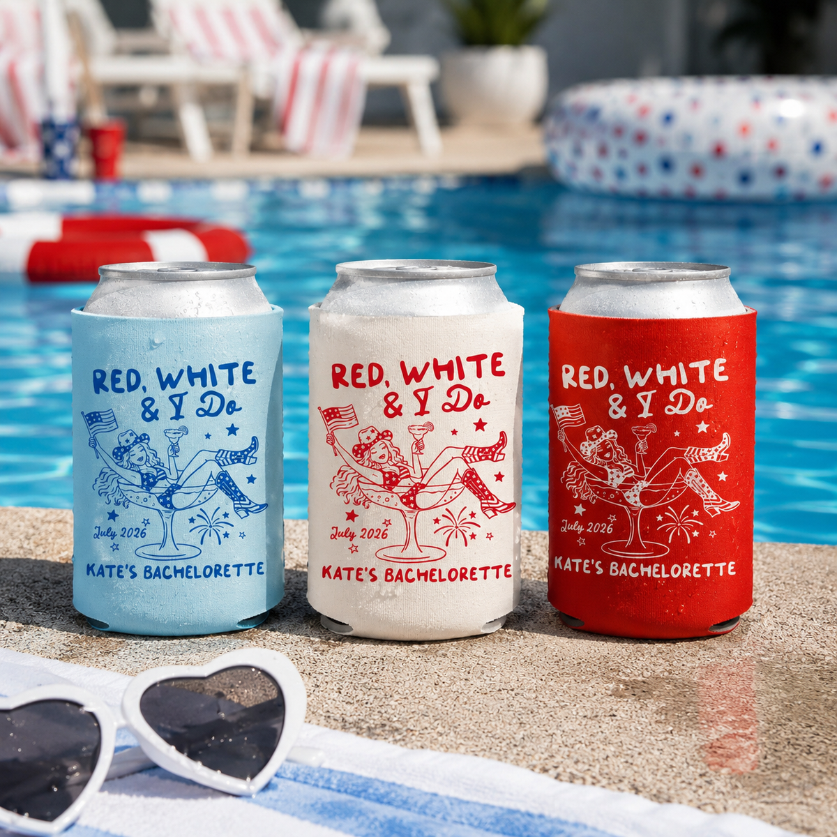 Red White And I Do Bachelorette Can Coolers - Custom 4th of July Bachelorette Party Favors - Personalized Cozies