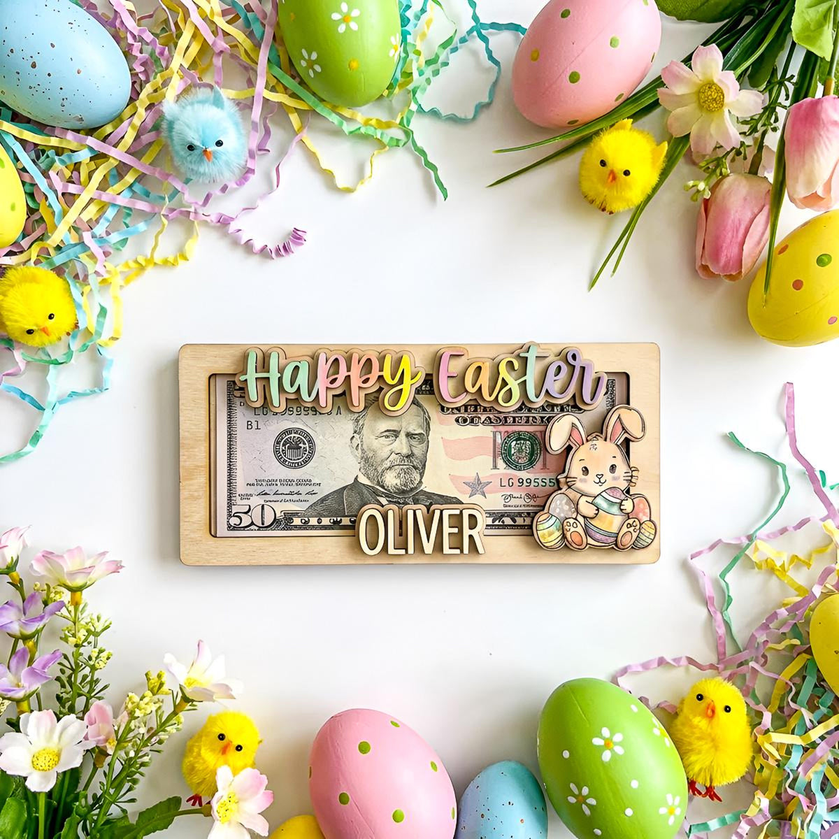Personalized Easter Money Holder, Custom Wooden Cash Gift Frame, Handcrafted Bunny & Egg Easter Decor, Personalized Easter Gift for Children