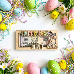 Personalized Easter Money Holder, Custom Wooden Cash Gift Frame, Handcrafted Bunny & Egg Easter Decor, Personalized Easter Gift for Children