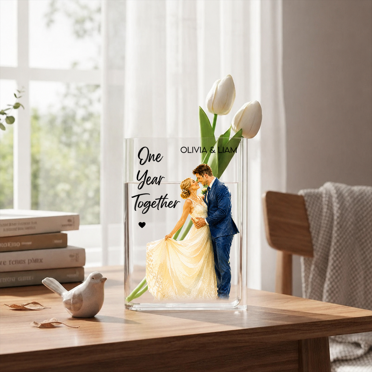 Anniversary Gifts - Custom Photo Couples Clear Acrylic Book Vase for Flowers, Transparent Flower Vase for Home Decor