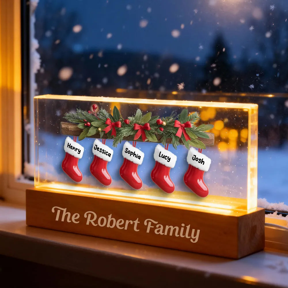 Family Christmas Stockings 3D Effect - Personalized 3D LED Light Wooden Base - Christmas Gift For Family