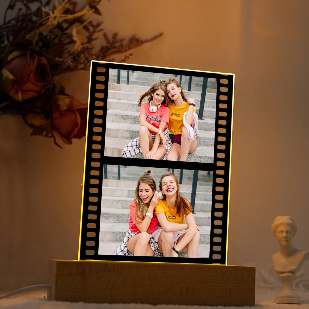 Couple Custom Photo Film Frame, Custom Photo LED Light Wooden Base, Photo Collage LED Light, Anniversary Gift, Wedding Gift, Birthday Gift