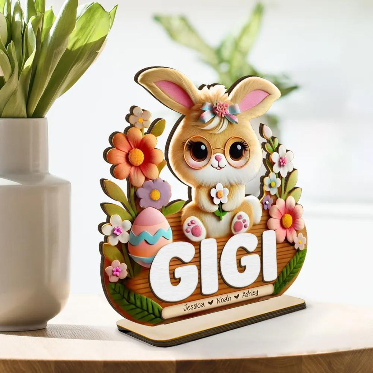 Mom Grandma's Easter Magic With Cute Bunny Engraved Standing Wooden Plaque, Heartfelt Personalized Gift For Mom, For Grandma