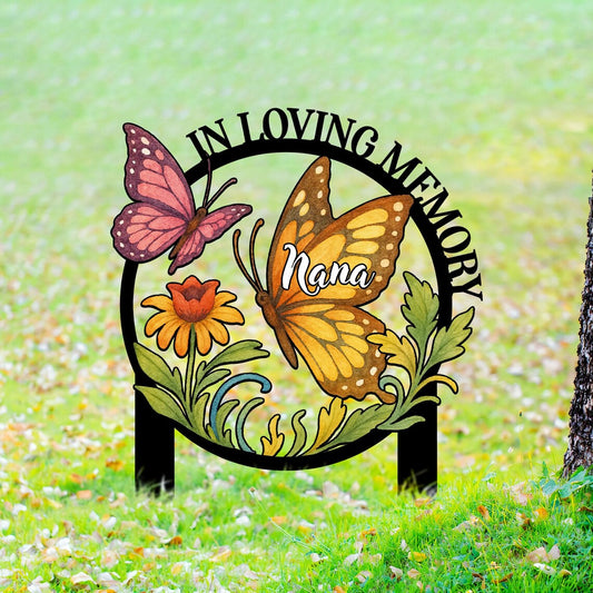 Custom Butterfly Memorial Sign with Stakes, Mother's Day Gift, Grandma Memorial Sign, Grave Marker, Nana's Blessings, In Loving Memory Yard