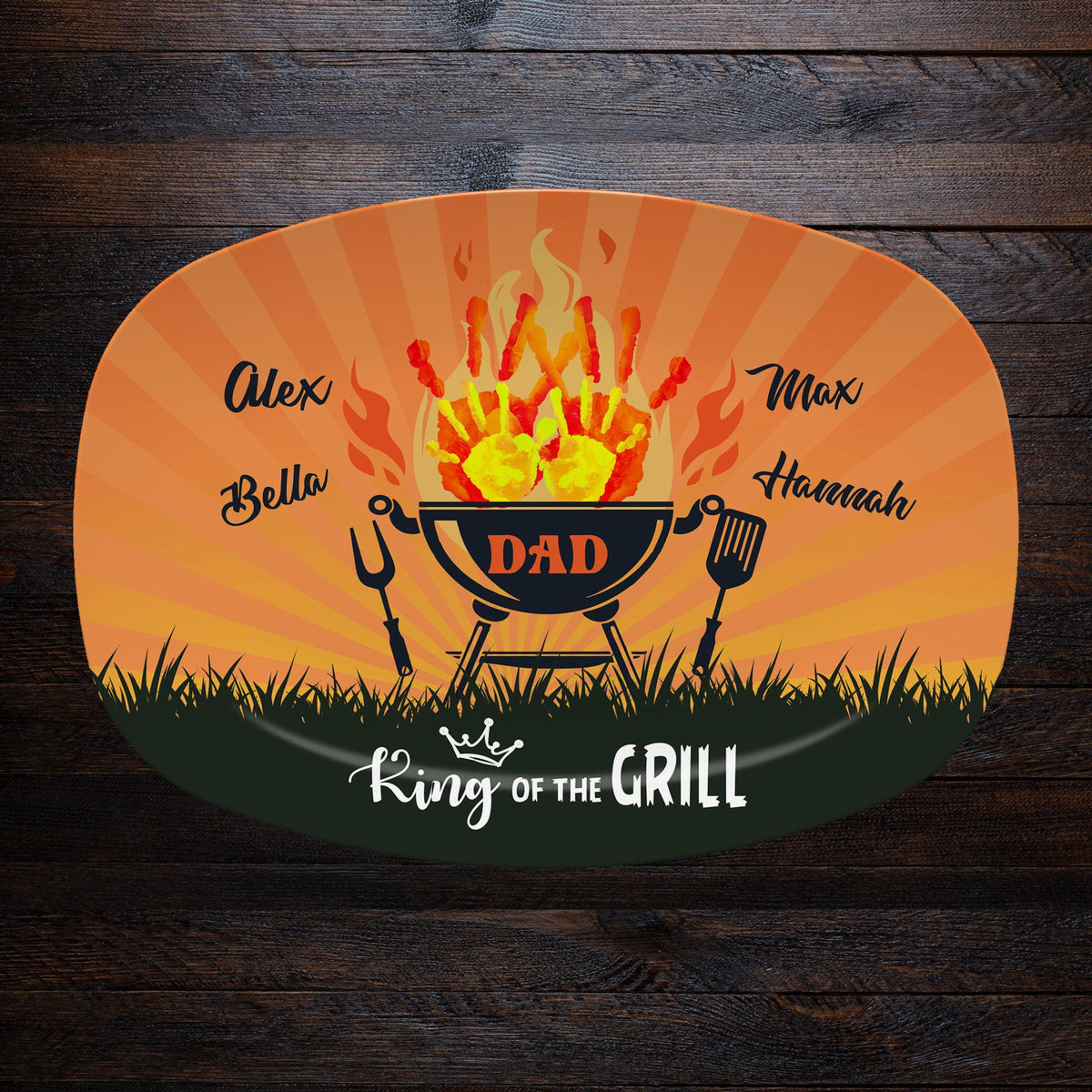 Personalized Grilling Plate for Dad, Custom Father's Day Gift for Husband, Grandpa, King of Grill with Kid's Handprints