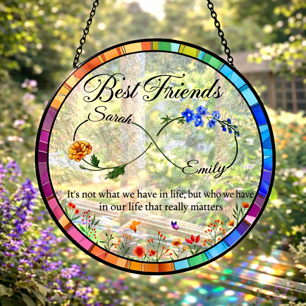 Best Friends Stained Glass Suncatcher, Personalized Best Friend Birth Month Flower, Friendship Gift, Soul Sisters Gift,Besties Birthday Gift