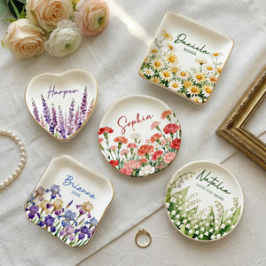Personalized Birth Flower Trinket Dish, Custom Watercolor Flower Ring Dish, Mother's Day Gift, Wedding Bridesmaid Gift, Birthday Jewelry Dish