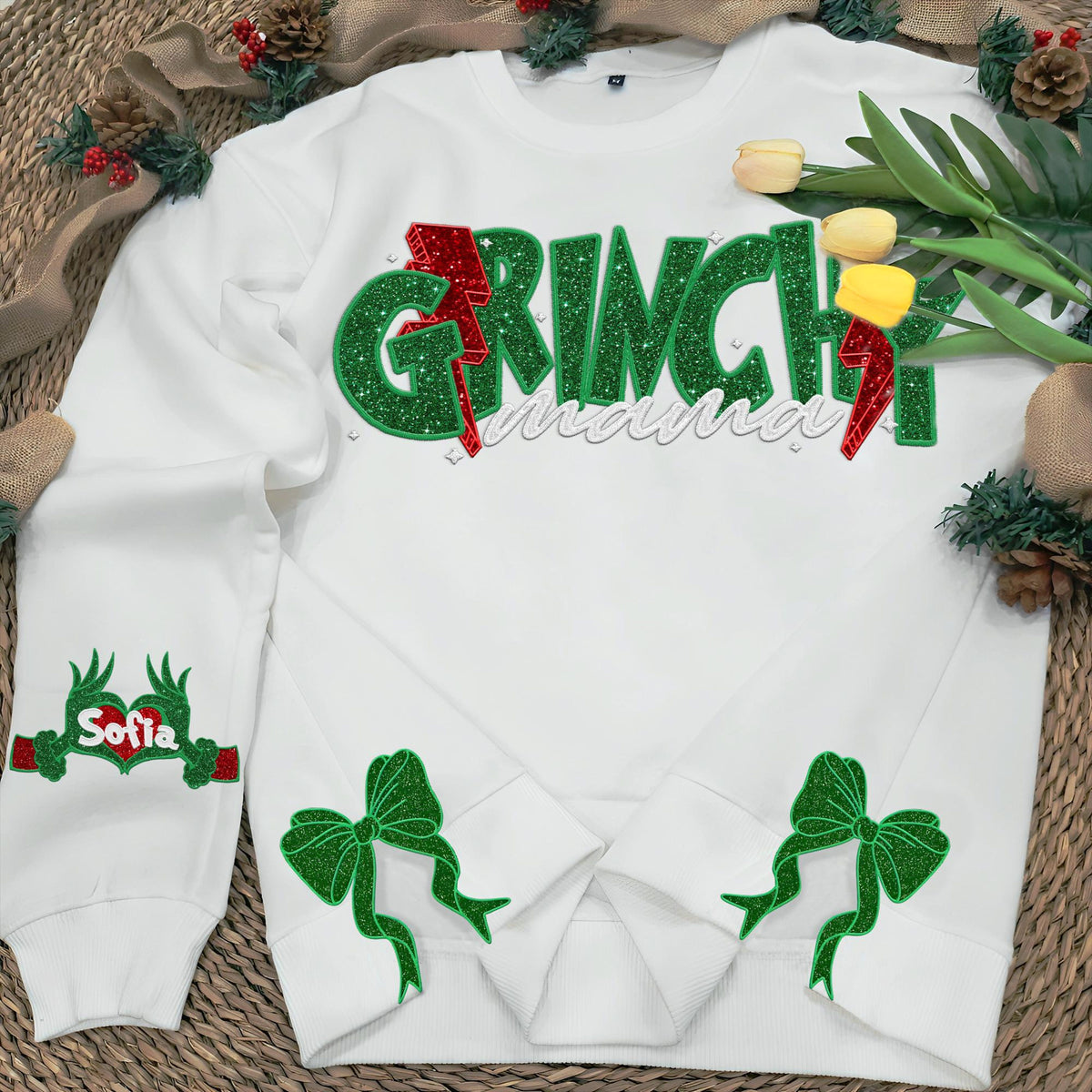 Custom Embroidered Christmas Mama Sweatshirt Christmas Bow Embellished Sweatshirt Side Bow Cut-Out Sweatshirt Christmas Xmas Gift For Women