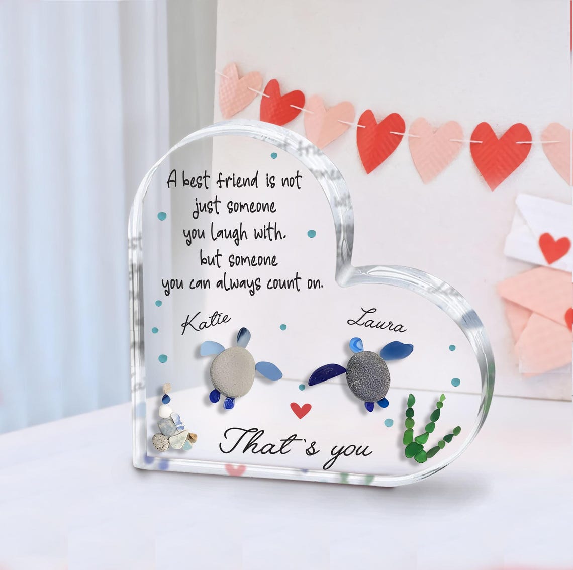 Personalized Heart Acrylic Friendship Gift, Sea Glass Turtle Keepsake for Best Friends, Custom Names Pebble Art, Besties Plaque Gift for Her