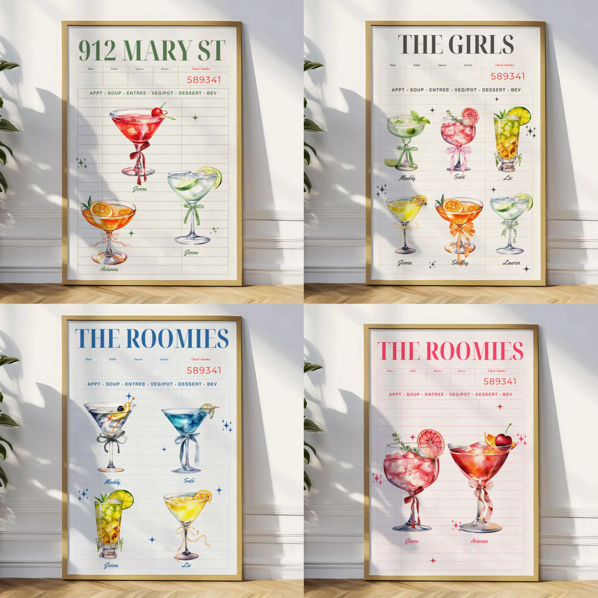 Custom Cocktail Print, Personalized Roomates Gift Idea For Friends, Group Names As Drinks, College Dorm Wall Art Decor