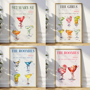 Custom Cocktail Print, Personalized Roomates Gift Idea For Friends, Group Names As Drinks, College Dorm Wall Art Decor