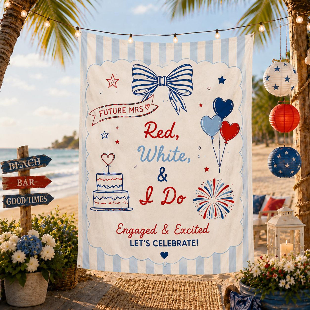 Red White and I Do Engagement Party Banner, Custom Coquette Bow Bridal Shower Backdrop, Patriotic 4th of July Couples Shower Decor, Tapestry