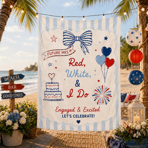 Red White and I Do Engagement Party Banner, Custom Coquette Bow Bridal Shower Backdrop, Patriotic 4th of July Couples Shower Decor, Tapestry