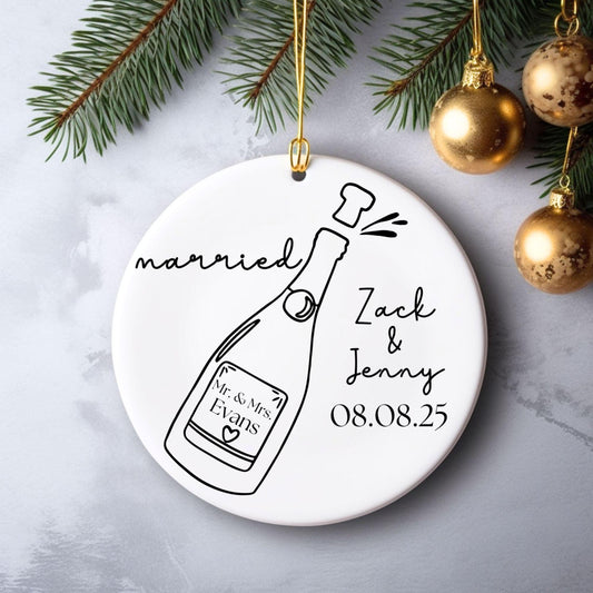 Married Ornament Personalized for Newlyweds Mr & Mrs, Ceramic Custom Just Married Ornament, Wedding Ornament, Champagne Wedding Celebration