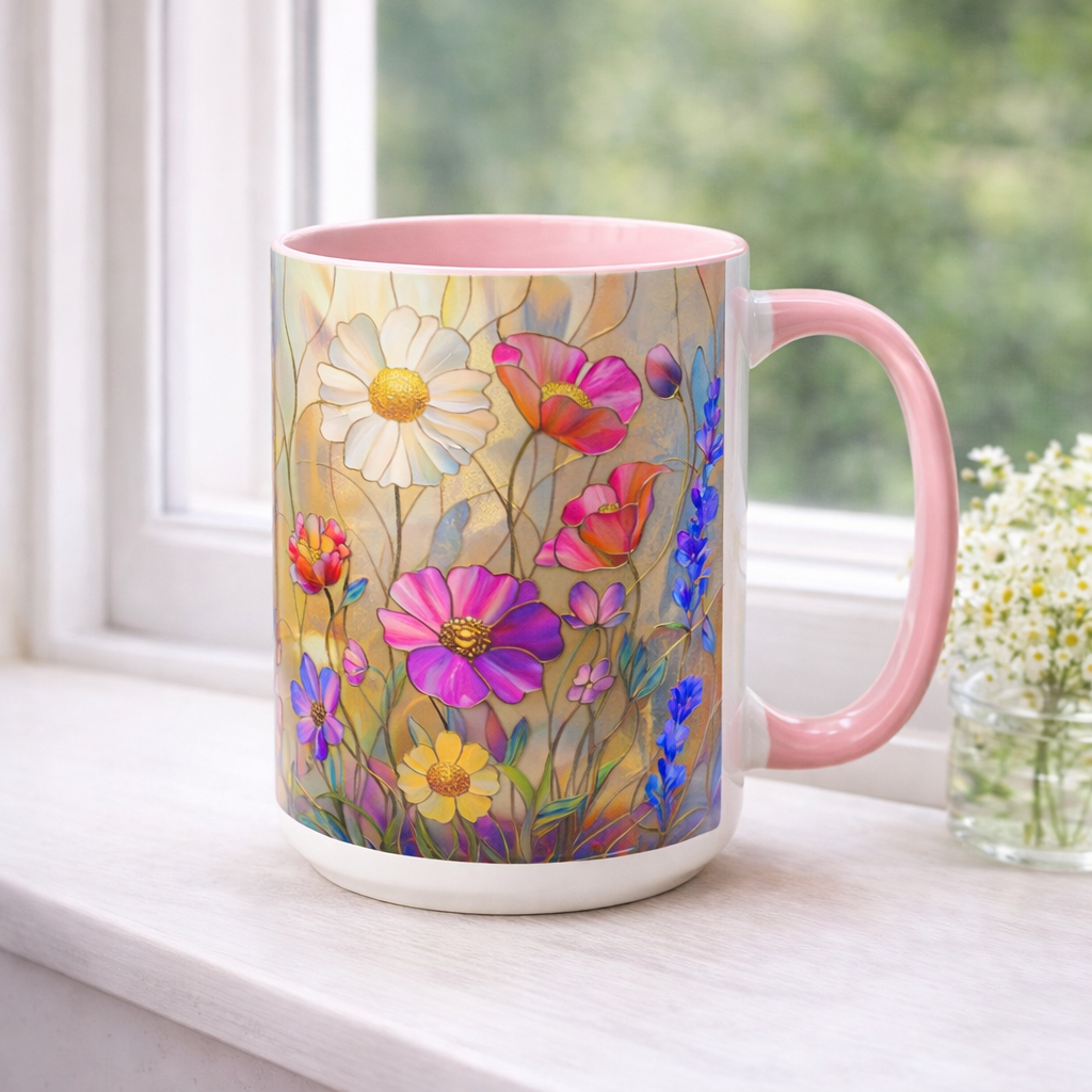 Personalized Floral Stained Glass Mug, Colorful Wildflower Design Coffee Cup, Gift For Her