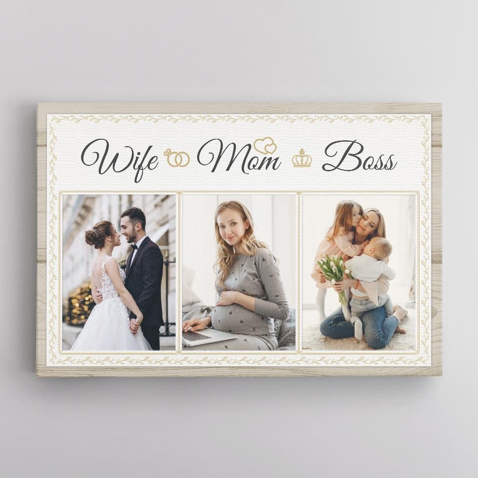Wife Mom Boss, Custom Photo Collage - Personalized Canvas - Gift For Mom, Mother's Day, Birthday Gift