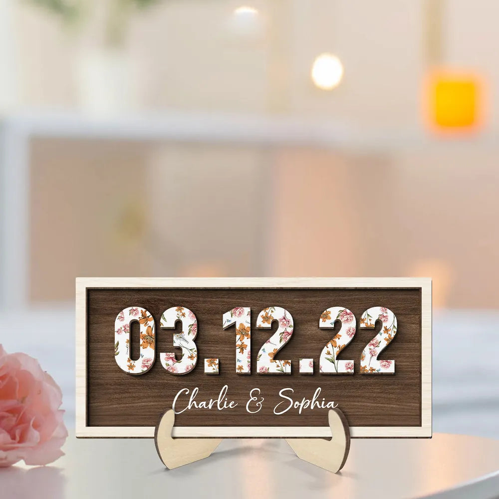 Couple Engagement Wedding Anniversary Special Date Custom Flower Printed Wooden Plaque, Gift For Her, Gift For Him