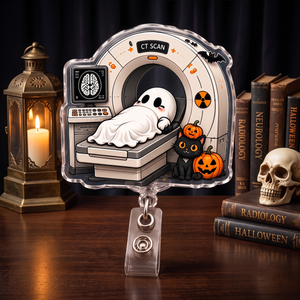 Radiology Ghost Rad Tech Badge Reel, CT Technologist Gift, X-ray Tech ID Holder, Skeleton Pumpkin Hospital Retractable Acrylic Badge Clip