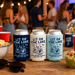 Lake Birthday Can Coolers, Personalized Lit On The Lake Drink Can Sleeves, Camping Birthday Party Favors, Outdoorsy Birthday