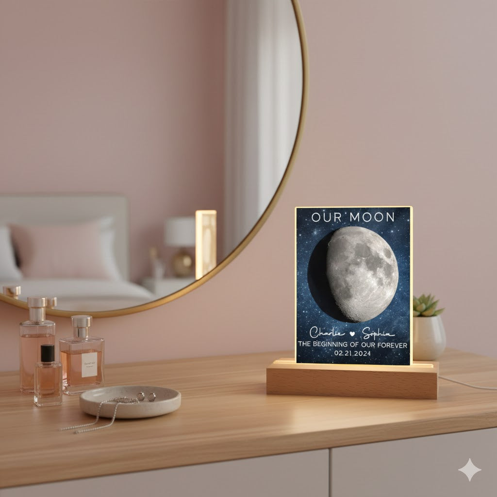 Our Moon Couple Moon Phase - Personalized 3D LED Light Wooden Base - Anniversary Gift For Him Gift For Her