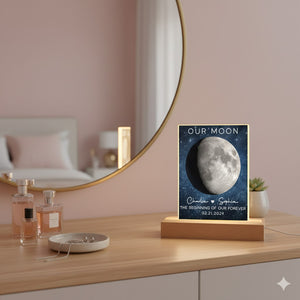 Our Moon Couple Moon Phase - Personalized 3D LED Light Wooden Base - Anniversary Gift For Him Gift For Her