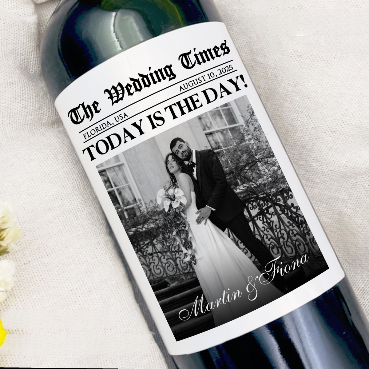 The Wedding Times Newspaper Custom Photo Wine Label Wedding Gift for Couples, Engagement Gifts, Anniversary Gift, Custom Wedding Day Champagne Labels