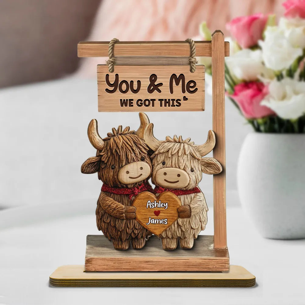3D Effect Highland Cows Couple - Personalized Wooden Plaque - Gift For Him, Gift For Her