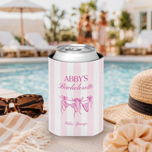 Personalized Beach Bachelorette Can Cooler, Custom Girls Trip Drink Holder, Coastal Weekend Party Favor, Slim Can Holder, Destination Bach