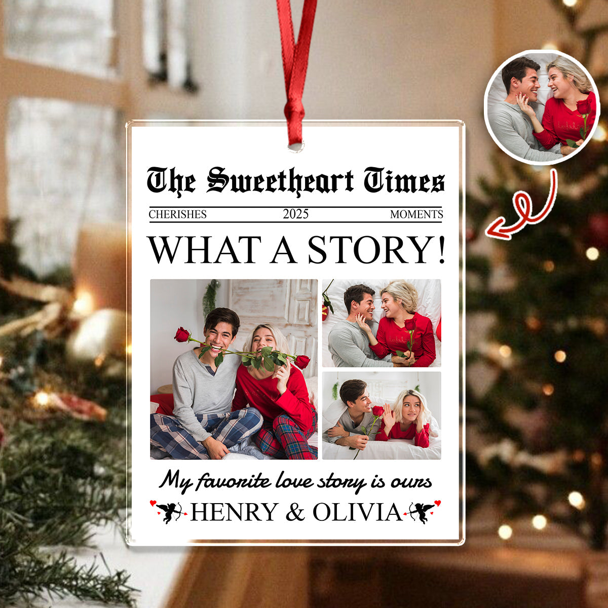 Custom Photo The Sweetheart Times - Personalized Acrylic Ornament - Christmas Gift For Couple