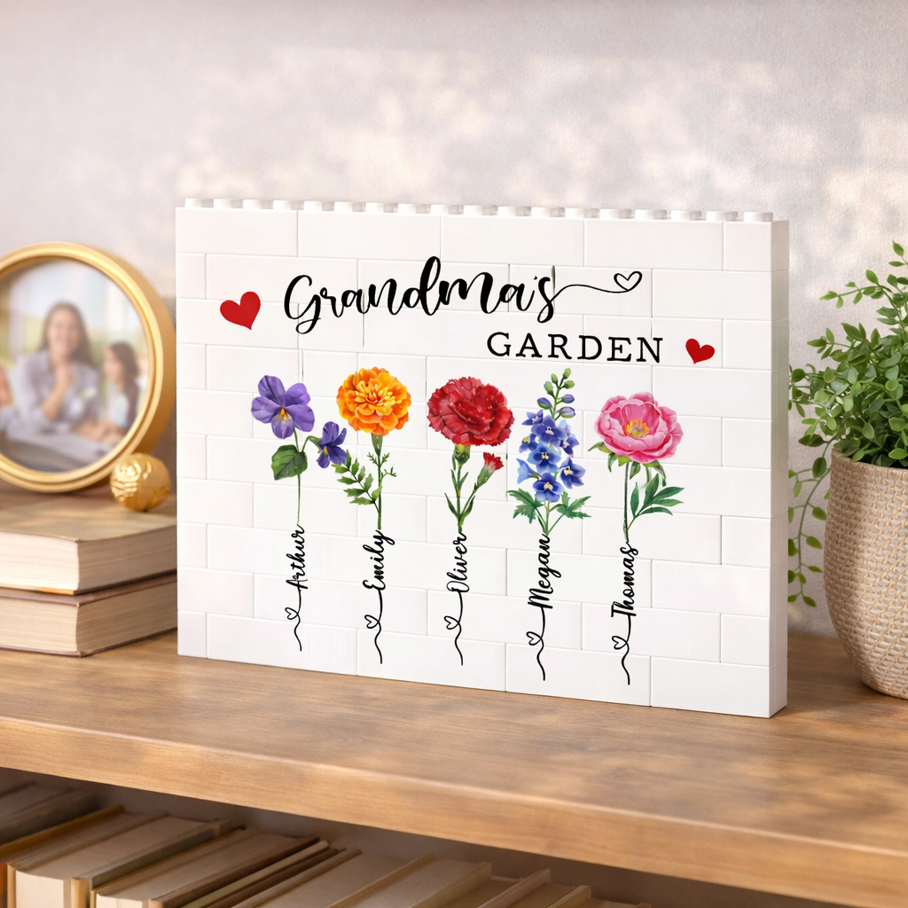 Custom Birth Month Flower Building Block, Custom Birth Month Flower With Kids Names Block, Mother's Day Gift, Grandma's Garden, Gift For Mom