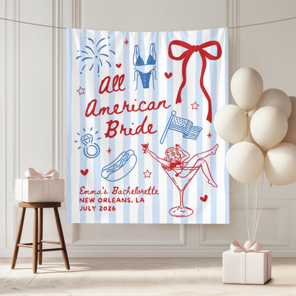All American Bride Bachelorette Banner, 4th of July Cocktail Party Decor, BBQ Bachelorette Backdrop, Bach Photo Booth, Weenies Bridal Shower