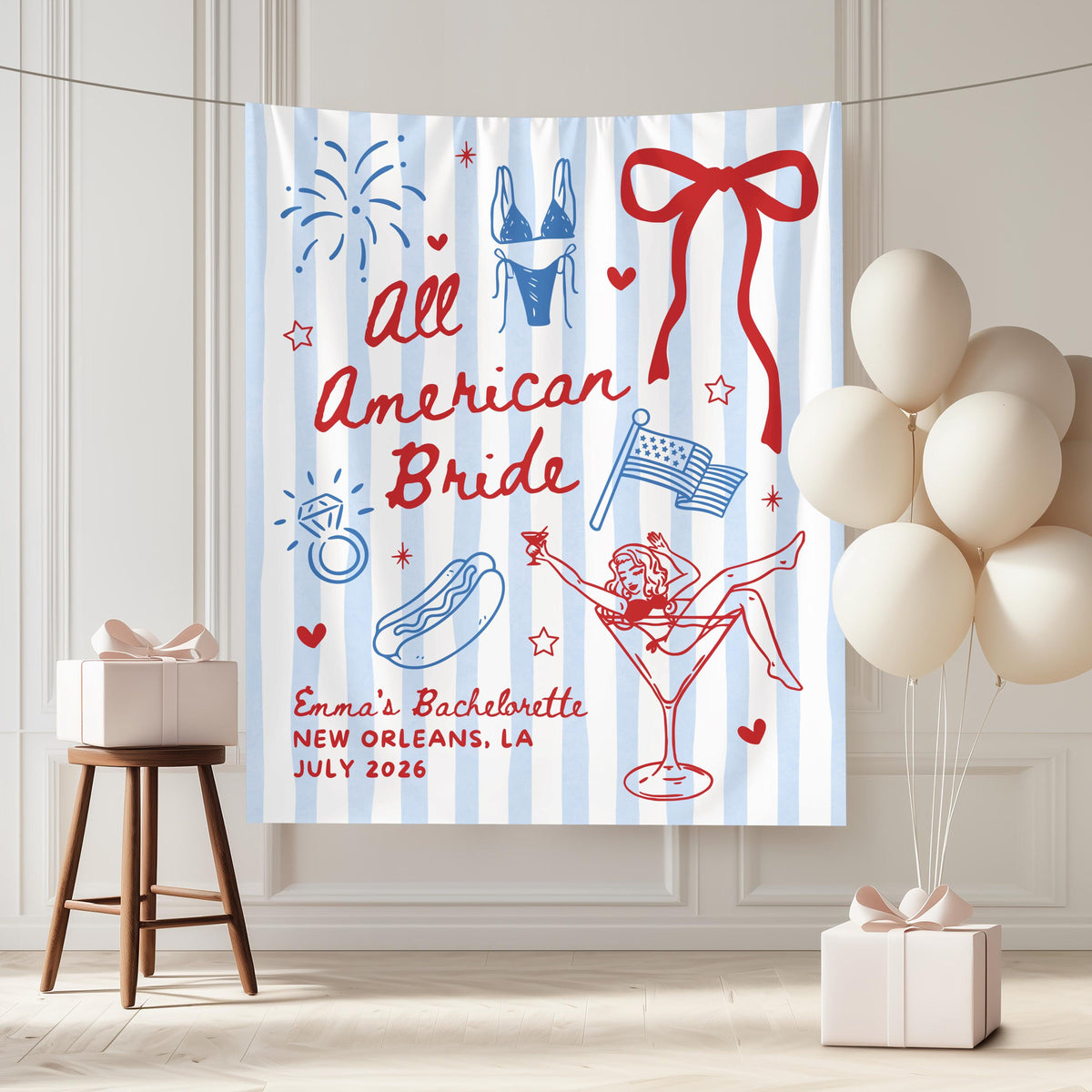 All American Bride Bachelorette Banner, 4th of July Cocktail Party Decor, BBQ Bachelorette Backdrop, Bach Photo Booth, Weenies Bridal Shower