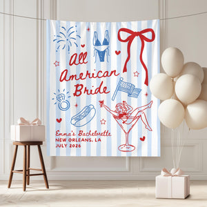All American Bride Bachelorette Banner, 4th of July Cocktail Party Decor, BBQ Bachelorette Backdrop, Bach Photo Booth, Weenies Bridal Shower