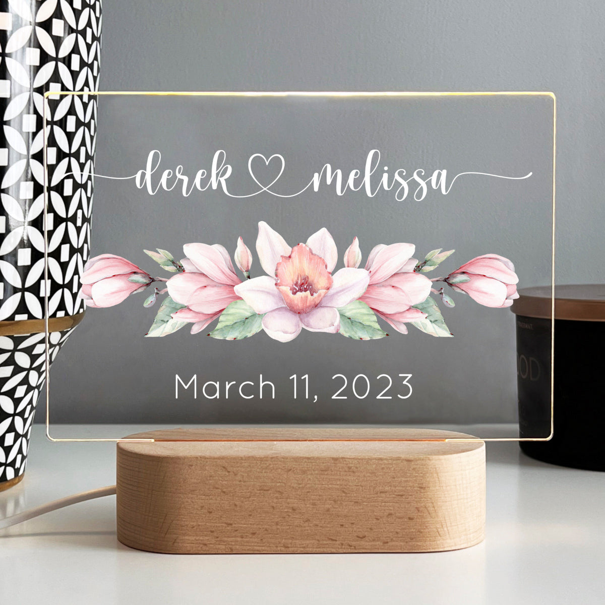Personalized Couples Acrylic Night Light, Pink Magnolia Custom Printed, Anniversary Gift, Newlywed, Valentines, Engagement LED Nightlight