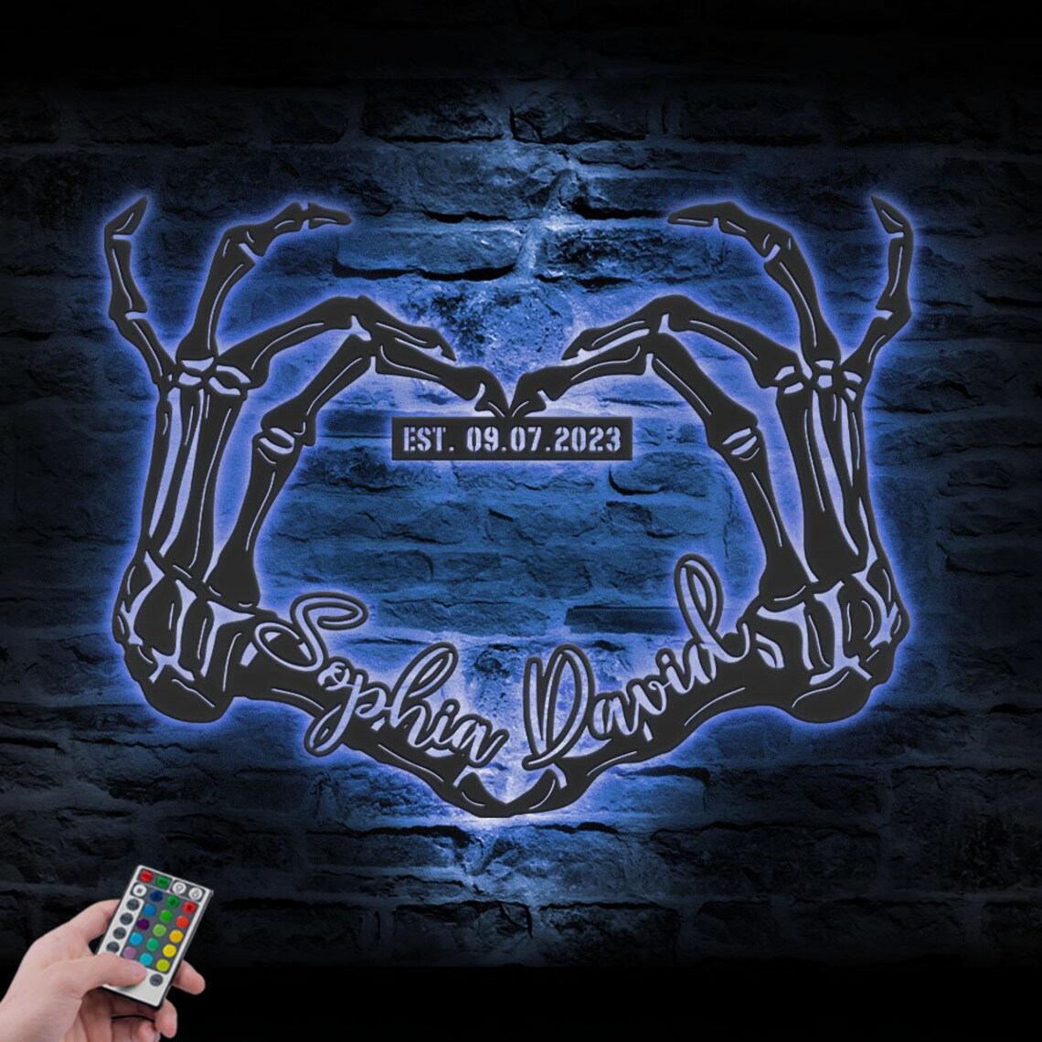 Custom Skeleton Hand Heart Name And Date Metal Wall Art LED Light, Personalized Heart Infinity Sign Decor, Couple Halloween Love Decoration