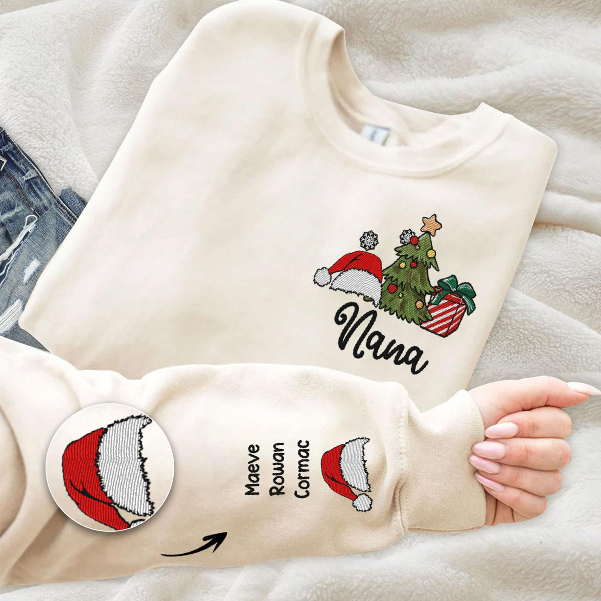 Personalized Grandma Embroidered Sweatshirt, Custom Christmas Nana Sweatshirt and Grandkids Names On Sleeve, Christmas Gift for Mom, Nana