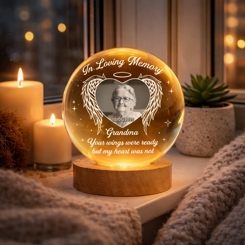 Your Wings Were Ready But My Heart Still Holds You - Personalized Crystal Ball Lamp - Memorial Gift