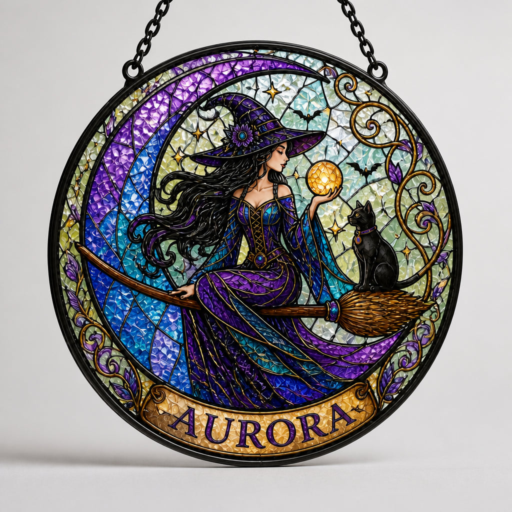 Personalized Witch & Cat Crescent Stained Glass Suncatcher - Personalized Suncatcher Stained Glass 2a237eb8-a4f2-4bb4-9990-d142bc54619d.jpg