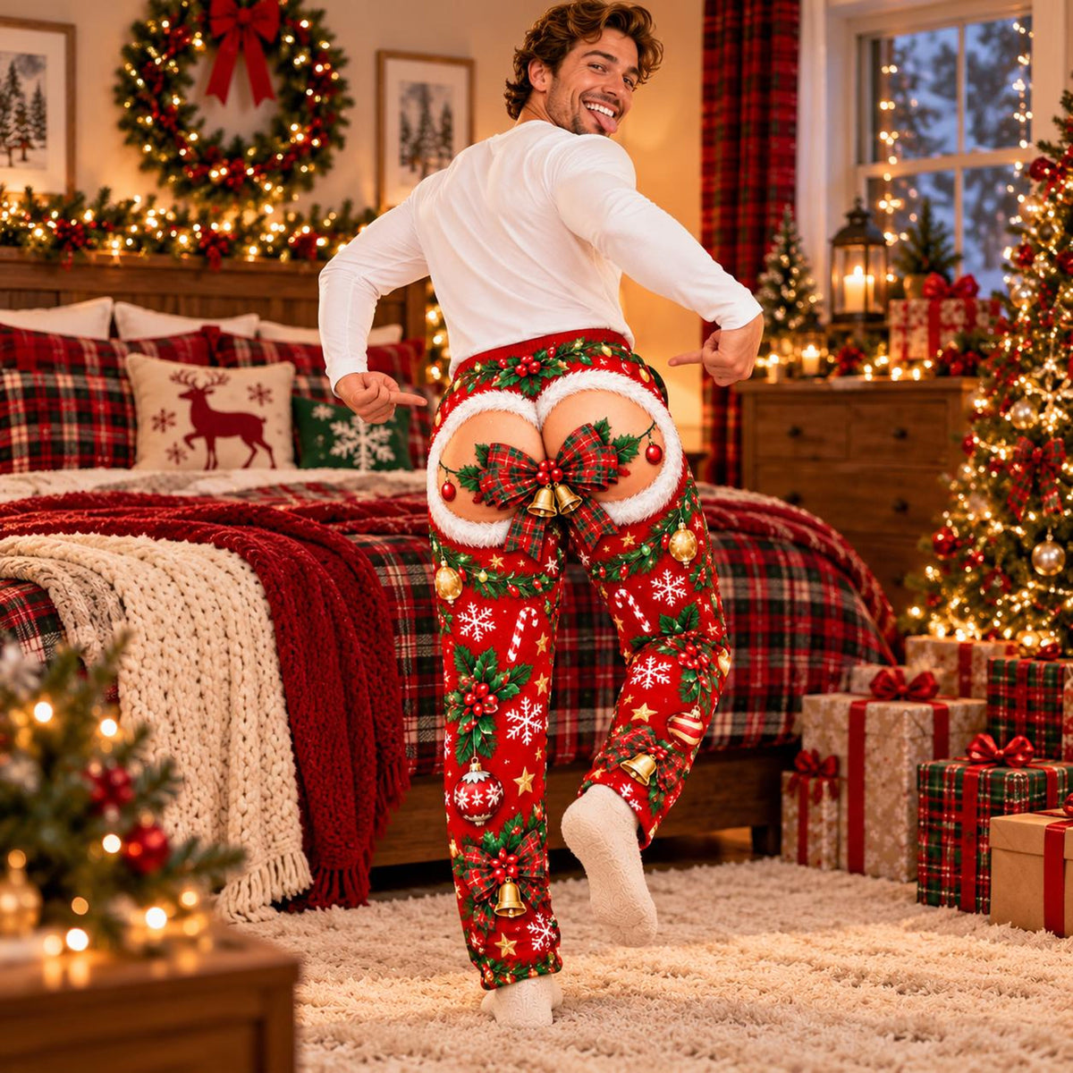 Ugly Christmas Pajama Pants: Red Faux Santa Suit Pattern Men's Lounge Bottoms 2a7dbe6b-c0d2-4dd4-b717-519ef075f360-1.jpg