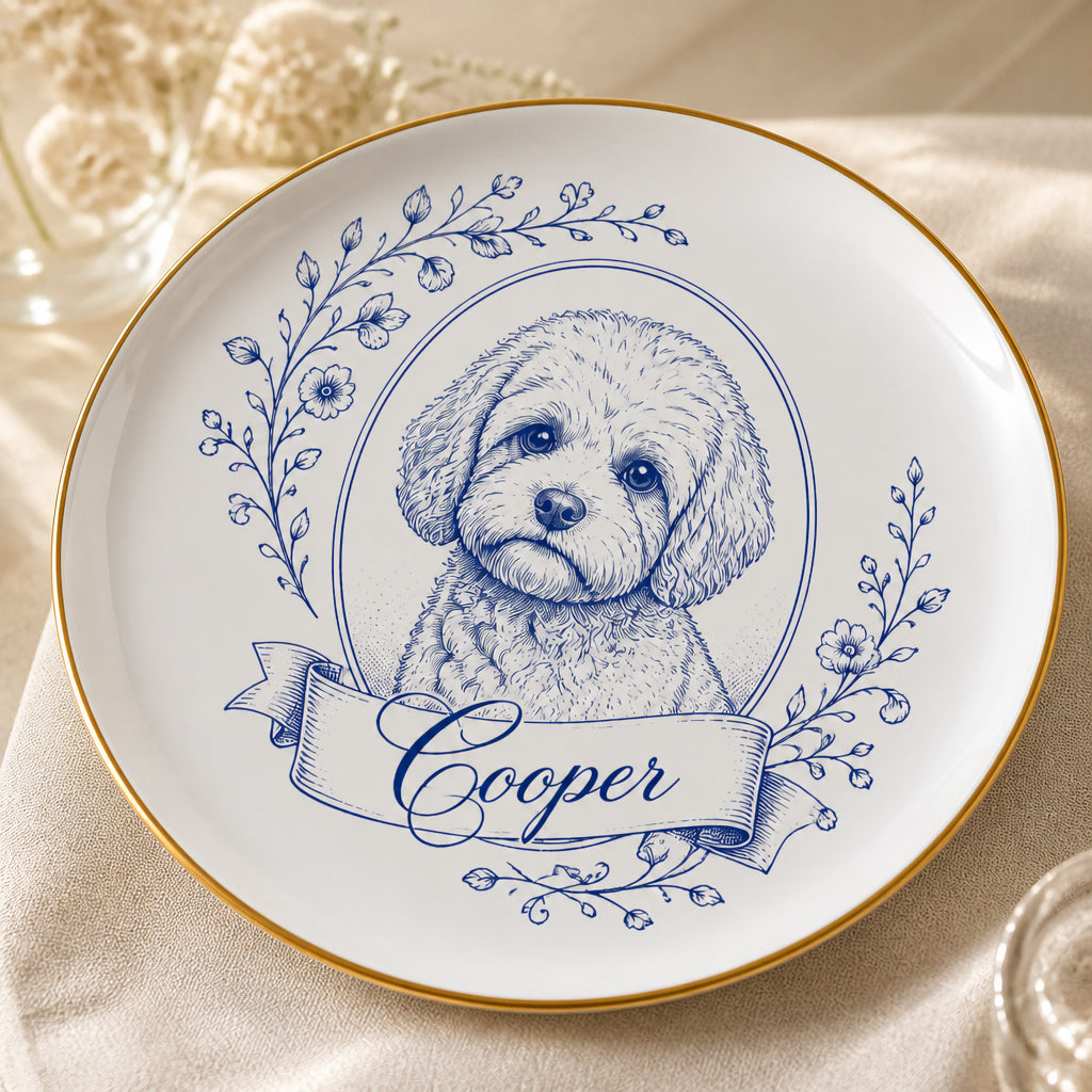 Custom Pet Portrait Floral Name Ceramic Plate - Personalized Personalized Ceramic Plate 2a99519b-5761-416a-ab3d-70c6c3e317fb.jpg